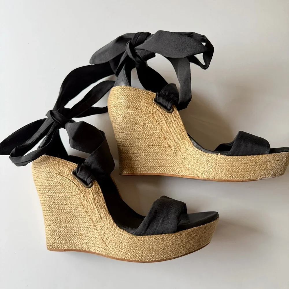 UGG Jules Black Wedge Sandal with ribbon ankle ties, open toe, size 8.5US